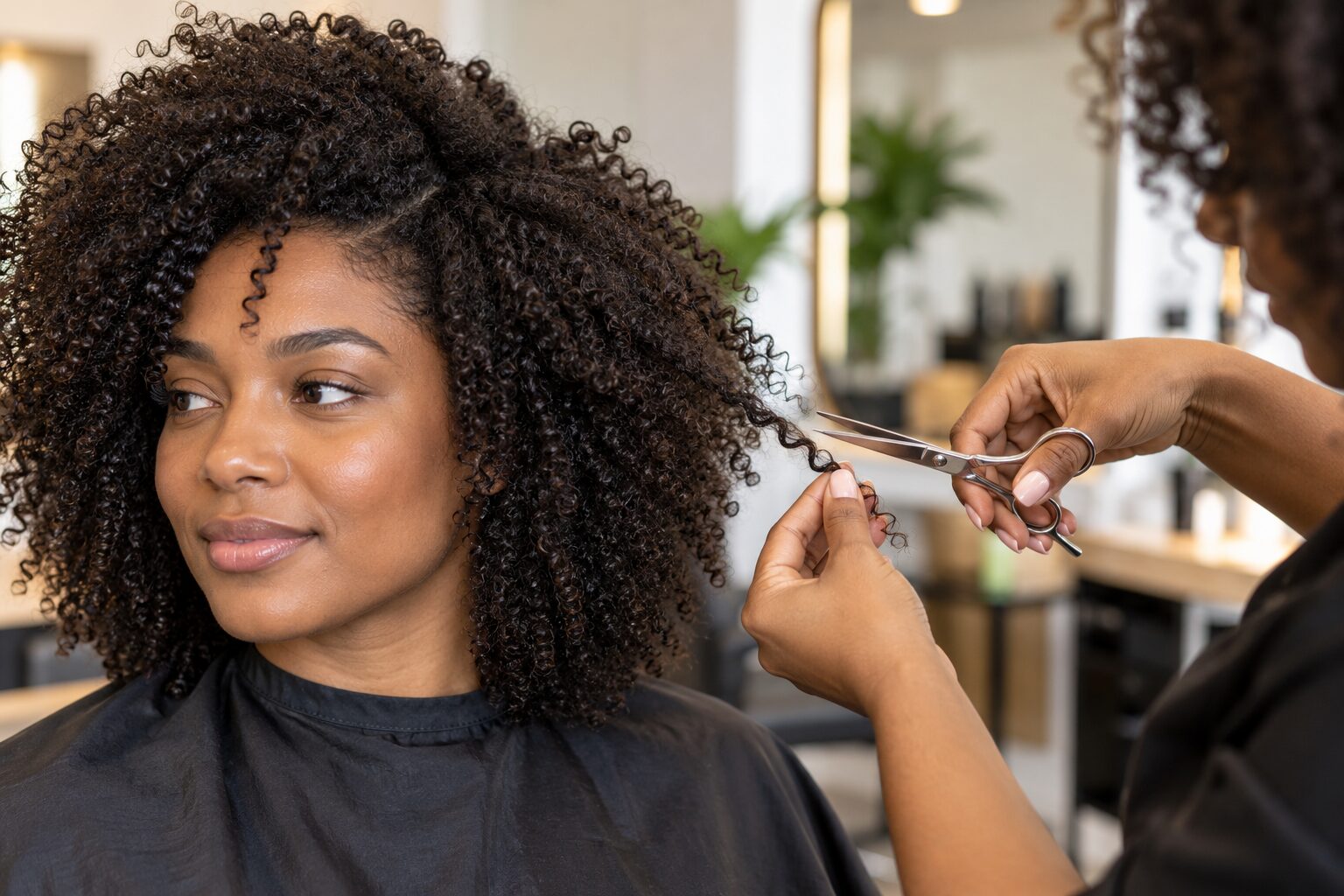 Coiffeuse coupant les pointes de cheveux afro bouclés sur une cliente en salon